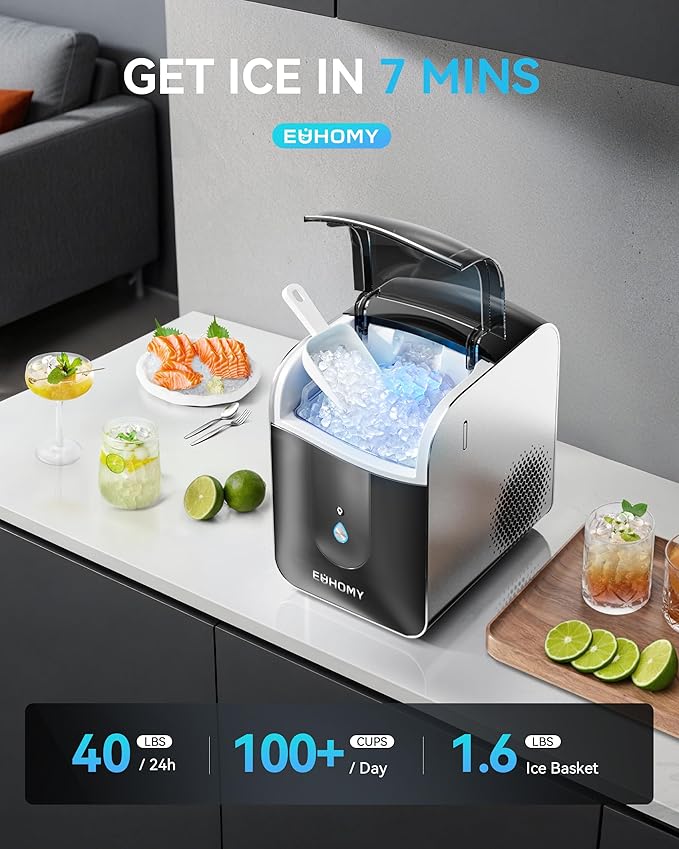 EUHOMY Smart Nugget Ice Maker Countertop, Sonic Ice Maker Machine with APP Control, Ready in 7 Mins, 40lbs/24H, Self-Cleaning, Portable Pebble Ice Makers with Hanging Ice Scoop for Home/Kitchen/Office