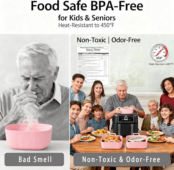 Silicone Air Fryer Liners for Ninja - Reusable DZ201 8QT Dual Basket - Rectangular 2-Pack Vacuum-Packed Easy-Clean Dishwasher-Safe Food-Safe for Home Chefs - Housewarming Gifts
