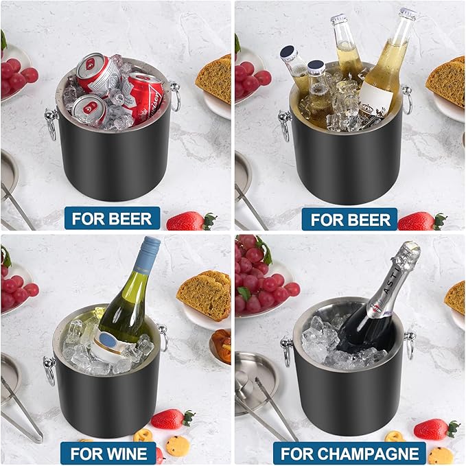 Ice Bucket with Lid & Tong- Well Made Insulated Stainless Steel Keep Ice Frozen Longer - Ideal for Cocktail Bar, Parties, Chilling Wine, Champagne - 3 Liter (Black)