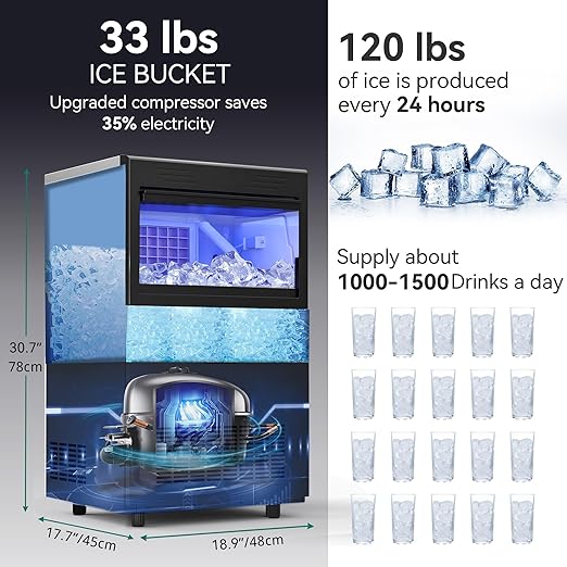 YITAHOME 120Lbs Commercial Ice Maker Machine ETL & DOE Certificated, Big Ice Makers Freestanding for Home Cafe Bar Restaurant Under Counter Ice Machine Commercial, 50pcs with 33lbs Storage Bin