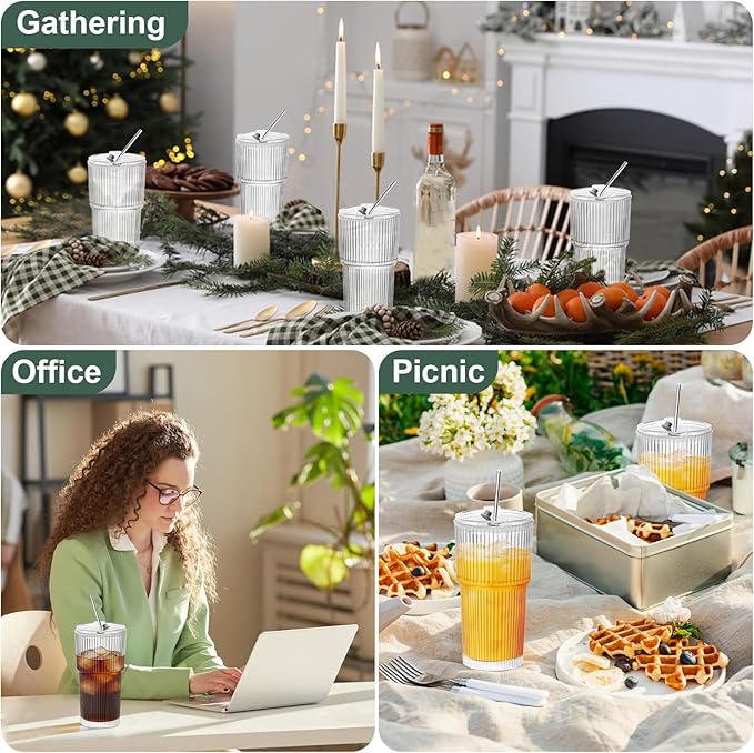 HIGIINC Iced Coffee Cups with Lids and Straws 2 Pcs，20 OZ Glass Cups with Lids and Straws, Clear Ribbed Glass Tumbler Reusable Drinking Glasses for Matcha, Smoothie, Cocktail,Latte