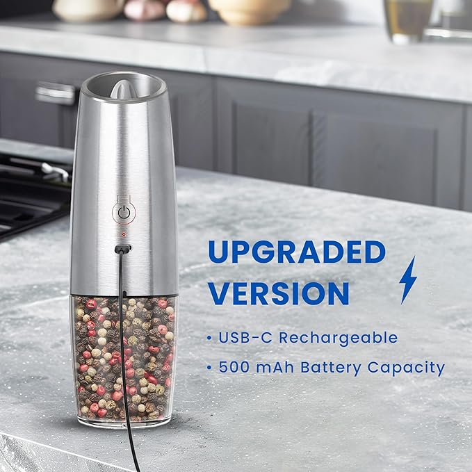 UNNEES Rechargeable Electric Salt and Pepper Grinder, gravity electric salt and pepper grinder, Adjustable Roughness, LED Light, 1 Pack, (Silver)
