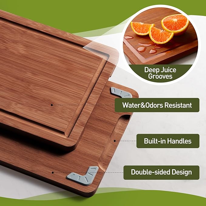 3 Packs Bamboo Cutting Board Set with Non Slip Feet and Over Sink Nice Solid Thick Wood Juice Groove Chopping Board Extra Large Big Small Best Hardwood Kitchen Counter Organic Vegetable
