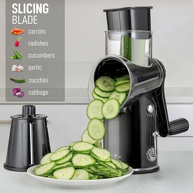 Zulay Kitchen Rotary Cheese Grater 5 Blade Cheese Shredder - Manual Hand Crank Cheese Grater With Reinforced Suction & 5 Interchangeable Drums - Easy to Use, Vegetable Chopper Round Mandoline Slicer