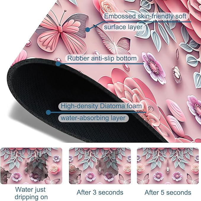 Pink Floral Sink Splash Guard Faucet Mat Flower Butterfly Super Absorbent Fast Drying Mat Sink Gadgets-Splash Guard Behind Faucet Drip Catcher for Kitchen Bathroom, 23.5"x5.5"