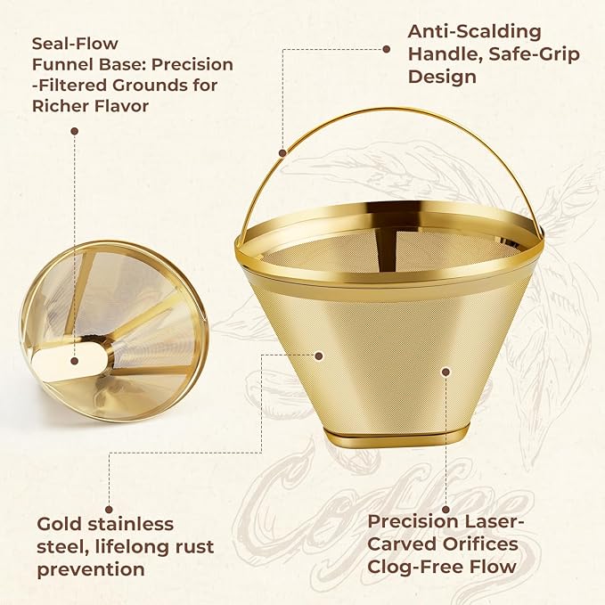 Gold Stainless Steel Coffee Filter, Reusable 304 Stainless Steel Permanent Replacement Filter for Ninja Dual Brew Pro, Ninja CFP301, CFP201 & #4 Cone Coffee Makers (2-Pack)
