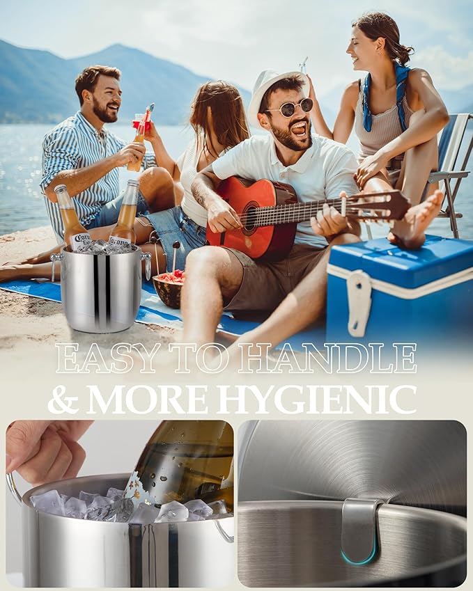 Insulated Ice Bucket, 3L Double Wall Stainless Steel Ice Bucket with Tongs,Lid, Scoop and Strainer, Ice Buckets for Parties,Cocktail Bars, Chilling Beer, Champagne, Wine Bottles
