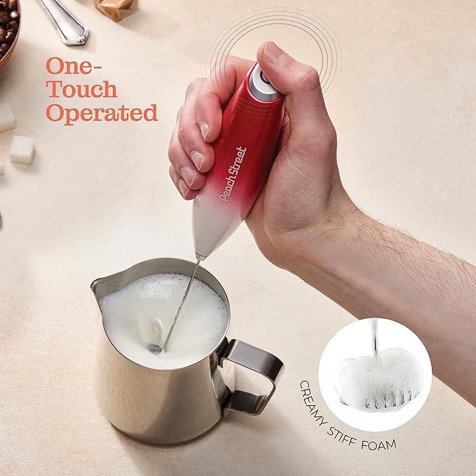 Powerful Handheld Milk Frother, Mini Milk Foamer, Battery Operated (Not included) Stainless Steel Drink Mixer with Stand for Coffee, Lattes, Cappuccino, Frappe, Matcha, and Hot Chocolate. (Red/White)