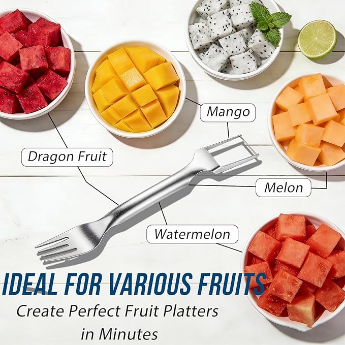 Watermelon Fork Slicer Cutter, 2-in-1 Stainless Steel Watermelon Slicer & Fruit Fork, Summer Kitchen Gadget for BBQ Parties, Camping & RV Adventures