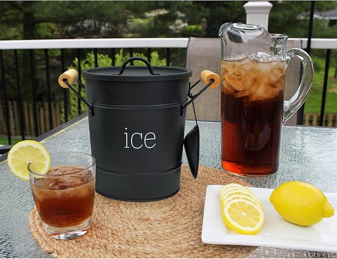 AuldHome Design Farmhouse Enamelware Ice Bucket (Black); Retro Style Insulated Metal Ice Server