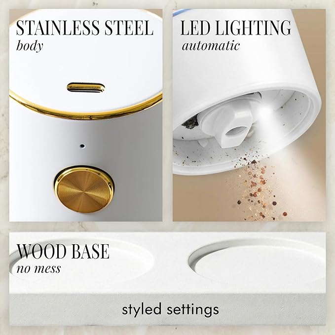 White Electric Salt and Pepper Grinder Set – Automatic Salt and Pepper Grinder Set with USB Rechargeable Design, One Touch Control, Adjustable Coarseness, LED Light, Sleek Stainless Steel Body