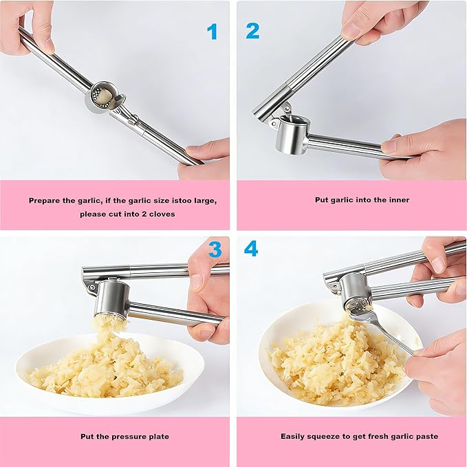 Stainless Steel Garlic Press and Mincer Set, Heavy Duty Garlic Crusher with Ergonomic Handle Rustproof Easy Squeeze Garlic Press Stainless Steel Professional Garlic Mincer Tool for Kitchen Use
