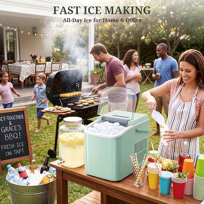 Ice Maker, Portable Ice Makers Countertop with Handle, Basket & Scoop, 26Lbs/24Hrs, 9 Bullet Ice Cubes in 6 Mins, 2 Ice Sizes, Self-Cleaning, Quiet Compact Ice Machine for Home Kitchen Party, Green