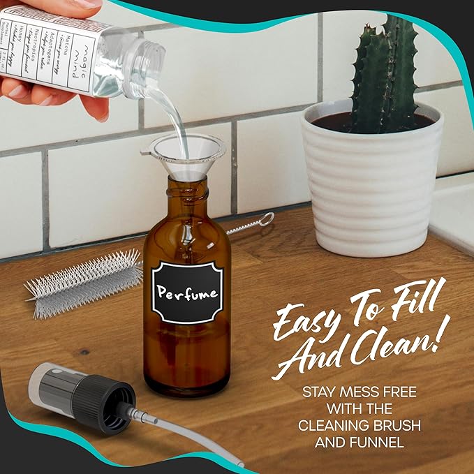 Nevlers Amber Glass Spray Bottles 4 Oz 24 Pack | Small Spray Bottle 4 Oz Set w/Shrink Wrap, Funnel, Labels, Brush & Marker | Spritzer Bottles for Hair, Face & More | Glass Bottle Sprayer for Travel