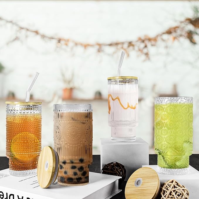 16oz Glasses Cups with Bamboo Lids Straws Brush Vintage Glass Tumbler Set for Mojito Iced Coffee Beer Cocktail Whiskey(Mixed)