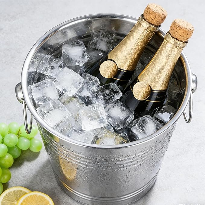 6-Piece Ice Bucket Set with Plastic Scoops | Leak-Proof Large Ice Buckets for Parties, Bars, Outdoor Events | Chilling Containers for Wine, Champagne, Beer (Stainless Steel, Bright Silver)