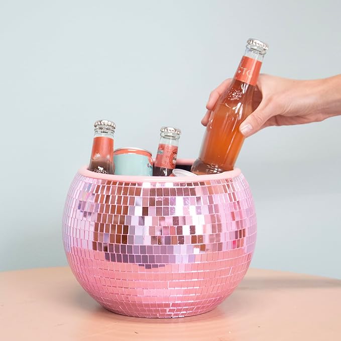 NPW Pink Disco Ball Ice Bucket – Mirrored Cocktail & Champagne Ice Bucket for Parties, Girls’ Night & Bachelorette