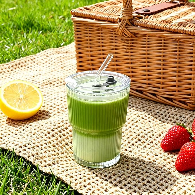 Ribbed Glass Tumbler with Lid and Straws, Resuable Ice Coffee Cups, To Go Iced Coffee Cups for Water, Smoothie, Matcha, Iced Tea Fruit Juice, Clear, 13oz, Set of 4