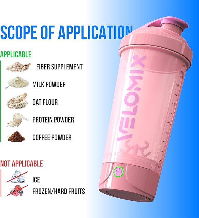 VELOMIX Electric Protein Shaker Bottle - 24 oz | USB-C Rechargeable | Leak Proof Shaker Cups for Protein Shakes | Portable Blender for Shakes and Smoothies (Electric - Pink)