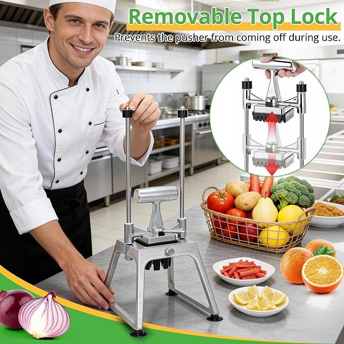 Commercial Vegetable Chopper & French Fry Cutter, Stainless Steel Manual Dicer, 3 Blades (1/4", 3/8", 8-Wedge), Suction Base, Fast Tomato Onion Potato Cutter for Restaurant & Home Kitchen