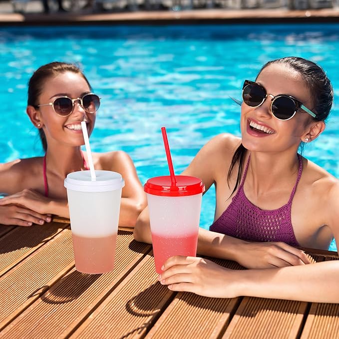 Color Changing Cups, 24 Pack 24oz Plastic Tumblers, Reusable Iced Coffee & Smoothie Cups with Lids and Straws for Parties and Travel (Bright, 24 Pcak)