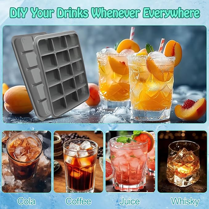 2 Pcs Easy Release Ice Cube Trays, Snow Gray Flexible Silicone Ice Cube Molds Removable Lid Stackable for Whiskey, Beverages, Baby Food (15 cubes 0.7oz)