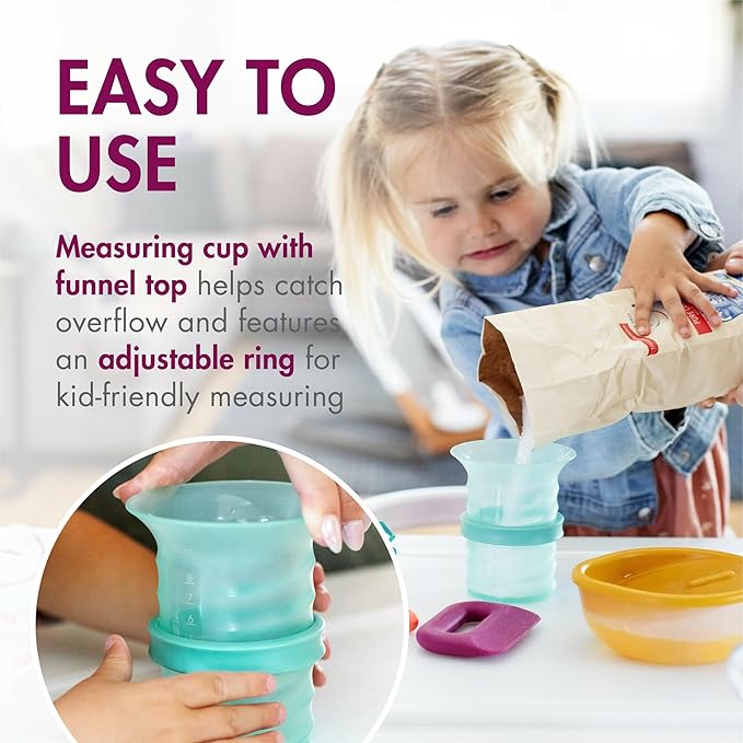 Boon Intro Toddler Food Prep Set - Kids' Kitchen Tools - 5 Unique Toddler Kitchen Accessories Includes Spatula, Egg Cracker, Chopper, Measuring Cup, Bowl - Ages 3+ Years