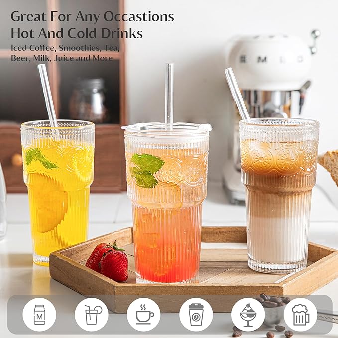 INSETLAN 20oz Ribbed & Floral Glass Tumblers with Lids and Glass Straws, Set of 2 – Iced Coffee Cups, Reusable Drinking Glasses for Water, Smoothies, Tea, and Juice – Perfect for Travel & Daily Use