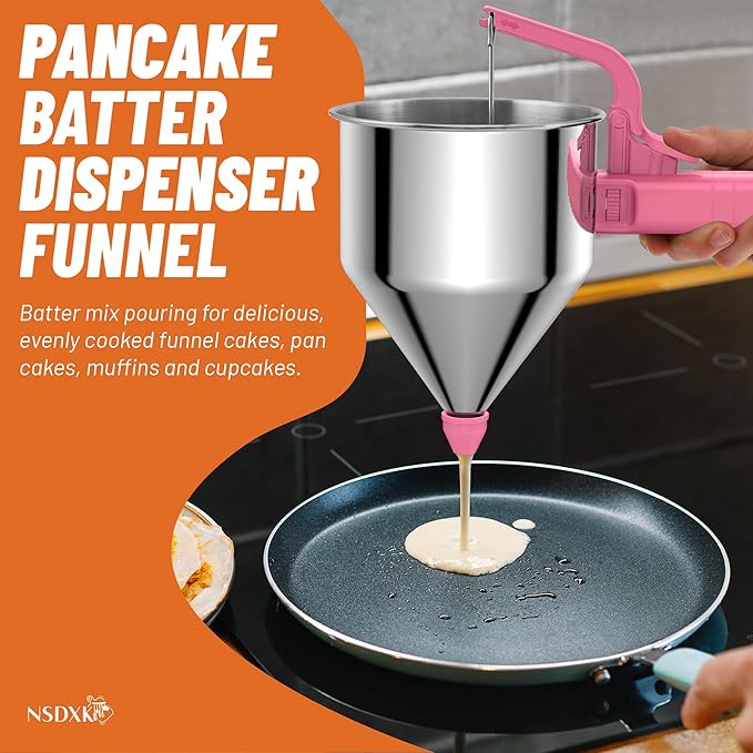 40oz Pancake Batter Dispenser, Stainless Steel Cake Dispenser with Stand, Great for Pancakes, Cupcake, Waffle or Any Baked Goods, Durable, Leak-Free, Paradise Pink