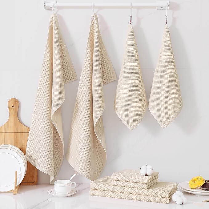 Homaxy 100% Cotton Kitchen Towels and Dishcloths Set, 12 x 12 Inches and 13 x 28 Inches, Set of 10 Bulk Kitchen Towels Set, Ultra Soft Absorbent Dish Cloths for Washing Dishes, Beige