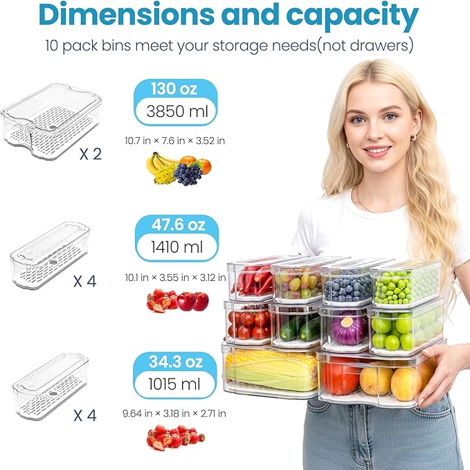 SMRCAD 10 Pack Refrigerator Organizers, Clear Container and Organizer Bins with Lids, Stackable Storage Containers for Fruits, Vegetable (Set of 10)
