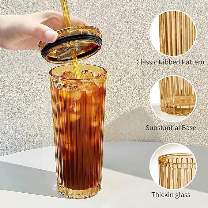 Puraville 2 Pack 18oz Glass Cups with Lids and Straws, Vintage Ribbed Striped Thickened Glassware for Whiskey Cocktail Beer, Mason Jar Drinking Glasses Tumbler Iced Coffee Cup, Amber
