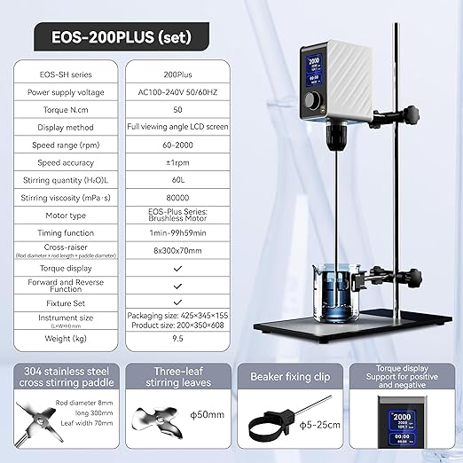 Electric Overhead Stirrer Mixer 60L 2000RPM, Digital Lab Stirrer with Timer & Stand, High Viscosity Mixer 80000mPas, Brushless Motor for Homogeneous Emulsion & Chemical Processing