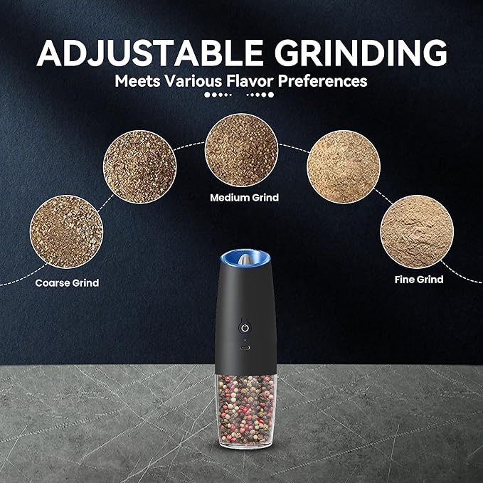 UNNEES Rechargeable Electric Salt and Pepper Grinder, gravity electric salt and pepper grinder, Adjustable Roughness, LED Light, 1 Pack, (Black)