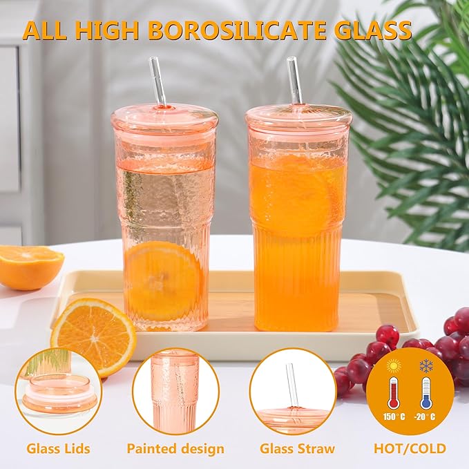 QWEZXO 20 OZ Glass Cup with Lids and Glass Straws, High Borosilicate Iced Coffee Glass Tumblers with Lid and Straw for Drinks, 2pcs Reusable Wide Mouth Smoothie Cup(Orange)