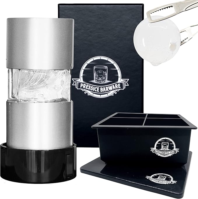 Ice Ball Press – Aluminum Ice Press – Create Effortless Large Spheres – Includes Ice Tray – USA Small Business (Silver Finish)