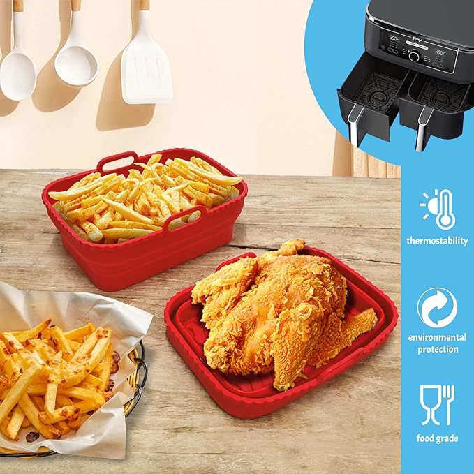 Daily Treasures 2 Pack Foldable Air Fryer Liners for Air Fryer Dual with 1Pack Oil Sprayer Dispenser, Air Fryer Accessories Reusable Air Fryer Silicone Liner for Dual Air Fryer(Red)