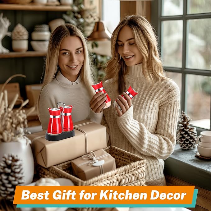 Red Salt and Pepper Shakers Set with Holder,4 oz Cute Christmas ktichen Decor and Accessories Theme Set Home Essentials Housewarming Gifts Refillable Design (Red)