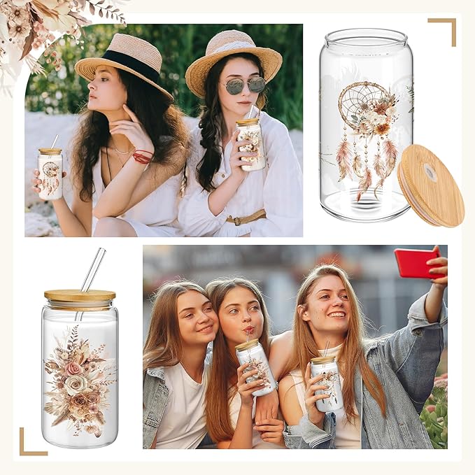 Mumufy 4 Pack Bridesmaid Gift Glass Cups, Cute Flower Mason Jars with Bamboo Lids & Straws, 16oz Iced Coffee Tumblers for Wedding, Bridal Party, Birthday, Mother's Day(Brown Spring)