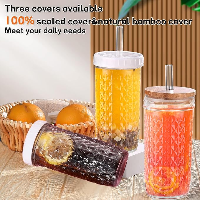 2 Pcs Glass Cups with Lids and Straws - 24oz Wide Mouth Mason Jar Drinking Glasses, Cute Reusable Smoothie cup, Iced Coffee Glasses, Travel Tumbler for Bubble Tea, Juice