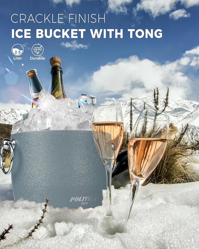 POLIVIAR Ice Bucket, 2.5L Double Wall Ice Bucket with Lid, Stainless Steel Ice Bucket with Tong & Strainer, Ice Bucket for Cocktail Bar, Home & Parties, JX2023-IBLU