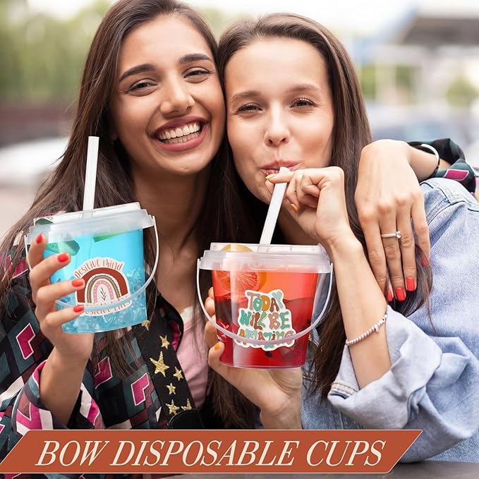 Funnymoom 30 Set 24 oz Clear Drink Buckets Cups with Lids & Straws Boho Disposable Plastic Rum Cocktail Pails Bulk with Handles & Stickers for Adults Bachelorette Graduation Tailgate Party Supplies
