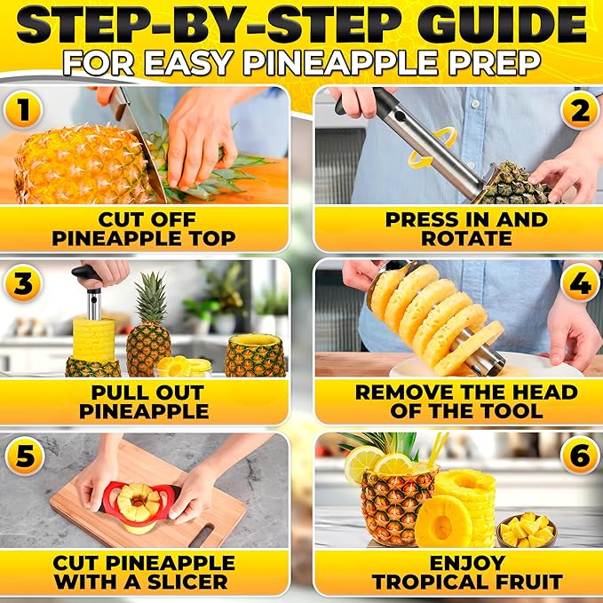 Pineapple Corer and Slicer Tool – Stainless Steel Pineapple Peeler Tool with Reinforced Thick Blade for Effortless Slicing – Core Remover and Cutter for Diced Fresh Rings, Black Handle, Easy to Clean
