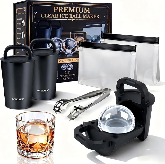 Clear Ice Cube Maker Premium Gift Set – Stainless Steel Whiskey Ice Ball Mold, 2.5” Ice Sphere with BPA-Free Silicone, Slow Melting Easy Release Ice for Bourbon Cocktails, Ideal Gifts for Men Dad