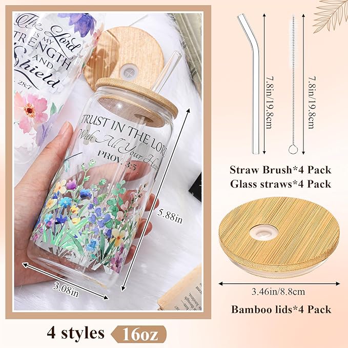 Mumufy 4 Pack Christian Gifts for Women Set Bible Verse 16oz Glass Tumblers with Straw, Inspirational Prayer Affirmation Cups, Religious & Spiritual Gift for Mom Wife Sister or Friends for Christmas