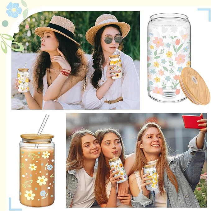Mumufy 4 Pack Bridesmaid Gift Glass Cups, Cute Flower Mason Jars with Bamboo Lids & Straws, 16oz Iced Coffee Tumblers for Wedding, Bridal Party, Birthday, Mother's Day(Pastel Flower)
