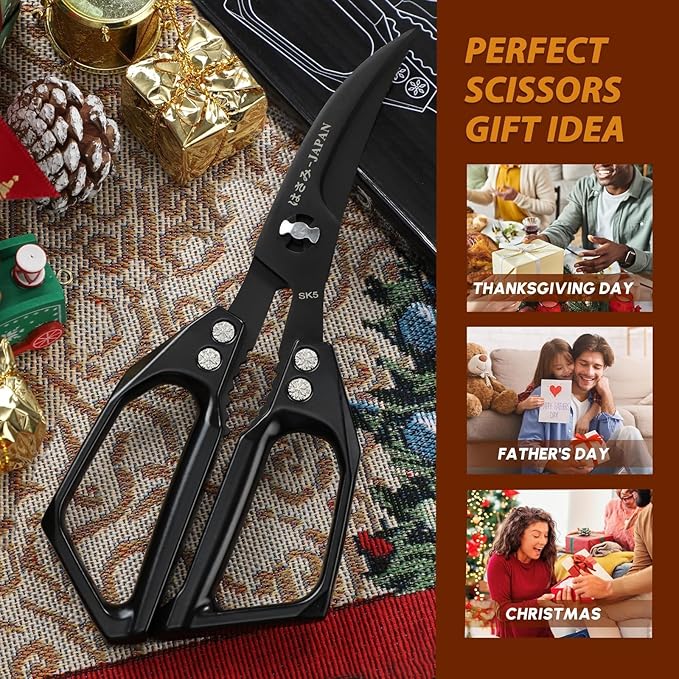 Huusk Seafood Scissors Black - Stainless Steel Kitchen Shears Dishwasher Safe, Sharp Japanese-Style Kitchen Scissor for Crab, Shrimp, Lobster, Herbs and Food Prep, Christmas Gifts for Men Women