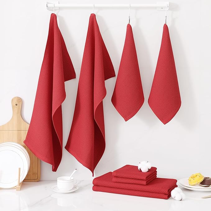 Homaxy 100% Cotton Kitchen Towels and Dishcloths Set, 12 x 12 Inches and 13 x 28 Inches, Set of 16 Bulk Kitchen Towels Set, Ultra Soft Absorbent Dish Cloths for Washing Dishes, Red