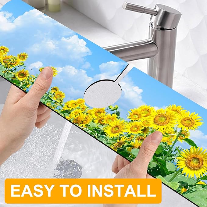 2 Pack Sunflower Field Sink Faucet Absorbing Mat Sunflowers Blooming Super Absorbent Fast Drying Mat Sink Gadgets Behind Faucet Sinkmat for Kitchen Bathroom, 23.5"x5.5"