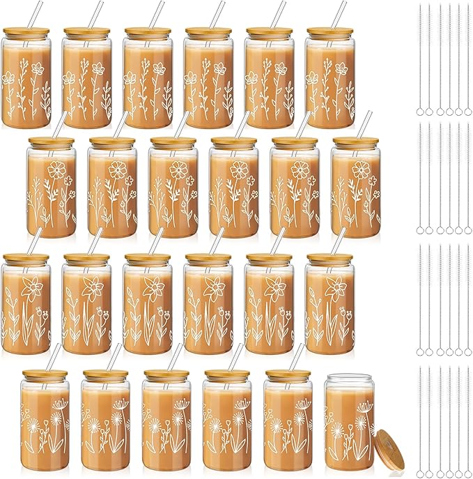 Mumufy 24 Pack Wedding Favor Glass Tumblers Boho Floral 16oz Iced Coffee Cups with Bamboo Lids and Straws Elegant Wedding Guest Favors and Reception Drinkware